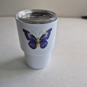 Small Childs White Tumbler with Purple Butterfly Design And Straw